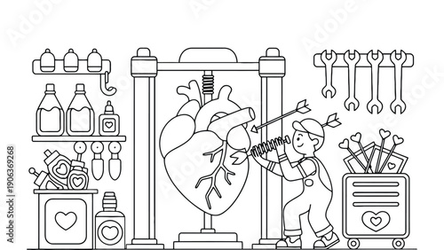 Heart mechanic repairing large human heart on transparent background
