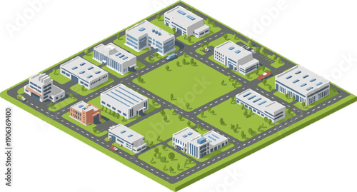 Isometric city plan with modern buildings roads and green spaces illustrating urban development and industrial parks