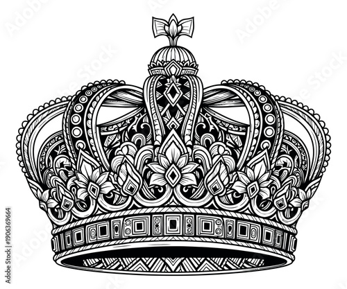 Hand drawn line art illustration of a majestic crown depicting intricate regal design for luxury concepts