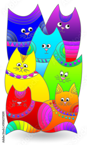 Set of stained glass illustrations with abstract cats, animals isolated on a white background