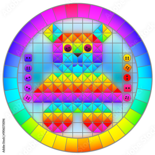 A patchwork illustration with a bright teddy bear on a blue background with buttons and a frame