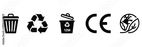 Common product and environmental compliance symbols, including recycling, responsible usage