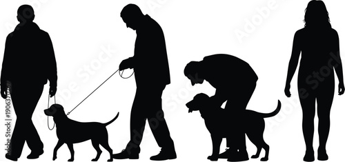 Dog walking silhouettes, pet care illustration, human animal interaction artwork, companionship design, domestic pet vector, outdoor lifestyle composition