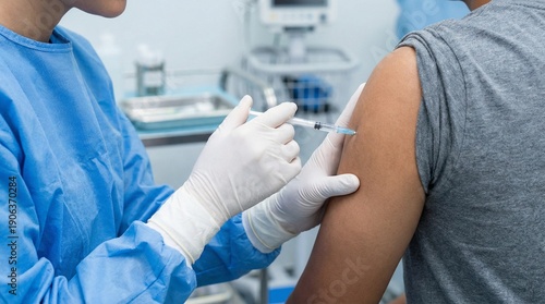 Gloved healthcare worker administering vaccine injection, close up syringe in patient upper arm