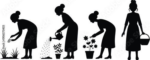 Gardening activity silhouettes, plant growth illustration, agriculture cycle artwork, eco lifestyle design, harvest vector composition, sustainable farming symbol