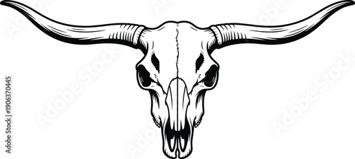Longhorn skull silhouette, Western icon illustration, cowboy heritage artwork, rustic design vector, Southwestern culture composition, frontier symbol artwork