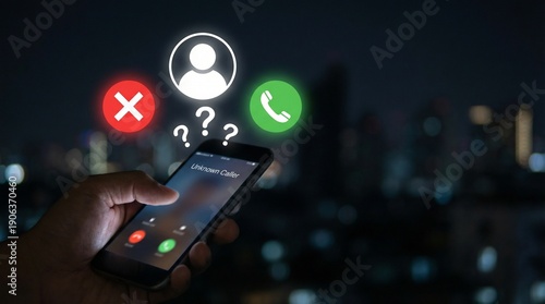 Hand holding smartphone with unknown caller icons, accept or decline call buttons