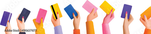Several hands holding credit cards, white background