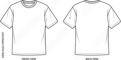 Plain t-shirt illustration, front back view design, apparel template artwork, fashion garment vector, clothing mockup composition, short sleeve silhouette