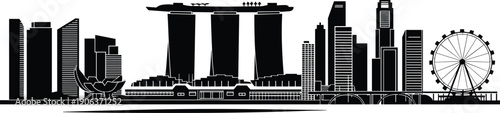 Singapore skyline silhouette, Marina Bay Sands illustration, city landmark artwork, urban architecture design, iconic building vector, modern Asia composition