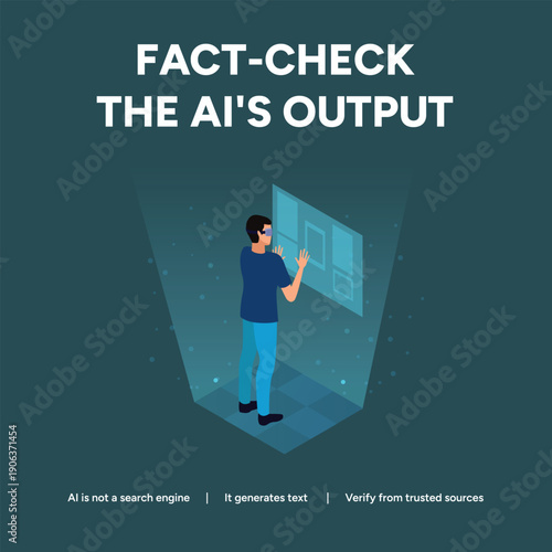 Man in VR glasses interacting with holographic screens, representing fact-checking AI output and verifying information