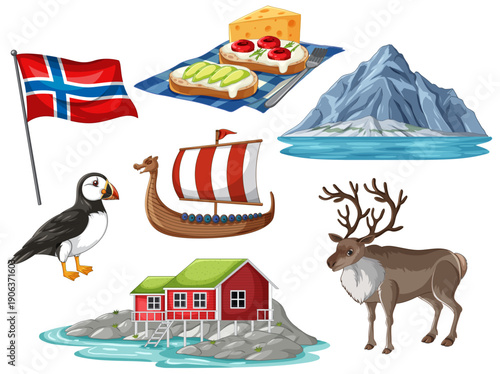 Collection of Norwegian Cultural Symbols and Landmarks Vector Illustration Set