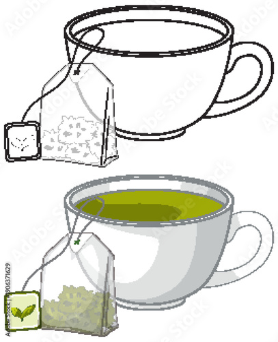Vector Illustration of Green Tea Cup and Tea Bag Set