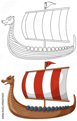 Viking Longship Illustration in Color and Black and White Line Art