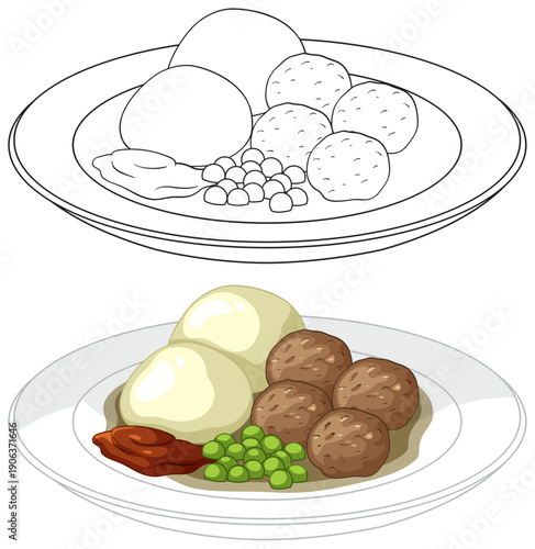Swedish Meatballs with Potatoes and Peas Vector Illustration Set