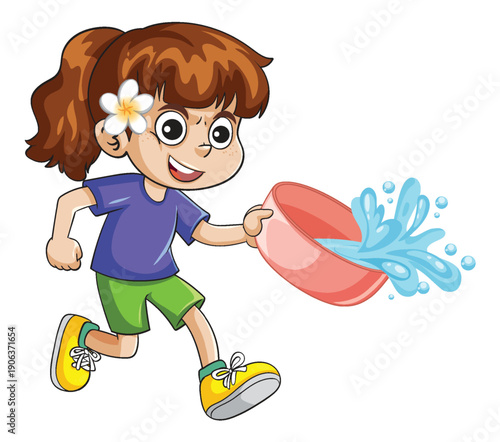 Cartoon Girl Splashing Water from a Bowl for Songkran Festival