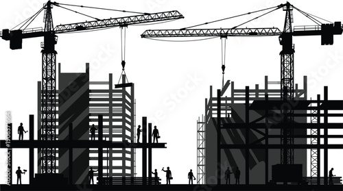 Urban construction site silhouettes, tower crane illustration, scaffolding and worker artwork, building infrastructure design, industrial labor vector, city development composition