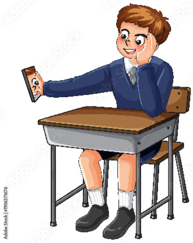 Schoolboy Taking Selfie with Smartphone at Classroom Desk