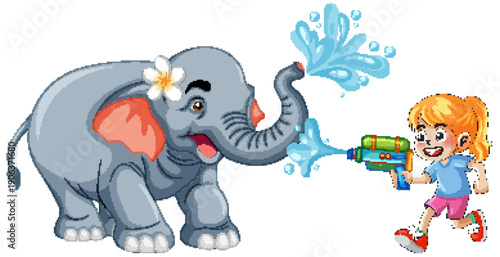 Cartoon Elephant and Young Girl Playing with Water During Festival