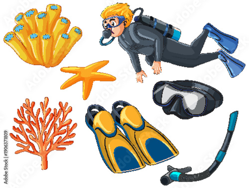 Scuba Diver and Underwater Exploration Equipment Vector Illustration Set