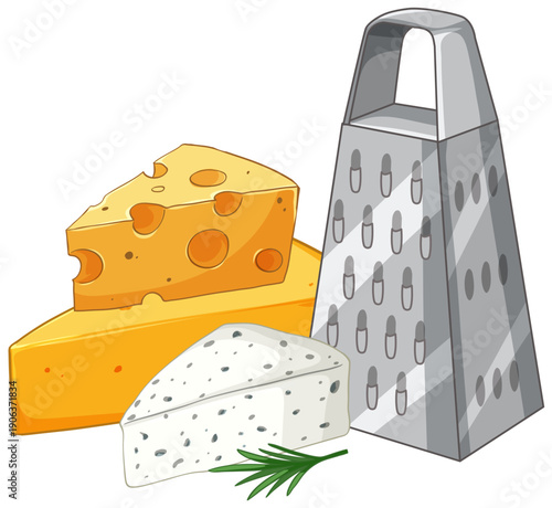 Vector Illustration of Assorted Cheese Wedges and a Metal Grater