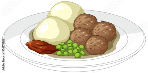 Swedish Meatballs with Mashed Potatoes Peas and Lingonberry Jam Vector Illustration