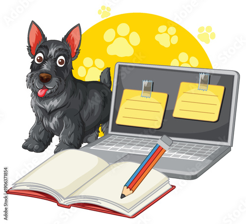 Cartoon Scottish Terrier Standing Next to Laptop and Open Notebook