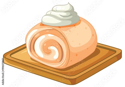 Swiss Roll Cake with Whipped Cream Topping on Wooden Board