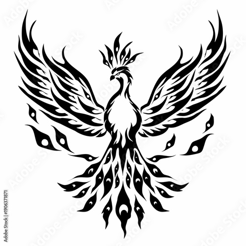 Stylized phoenix illustration black and white bird design for graphic applications