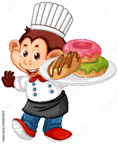 Cartoon Monkey Pastry Chef Holding a Plate of Glazed Donuts