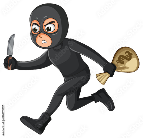 Cartoon Masked Thief Running With Money Bag and Knife