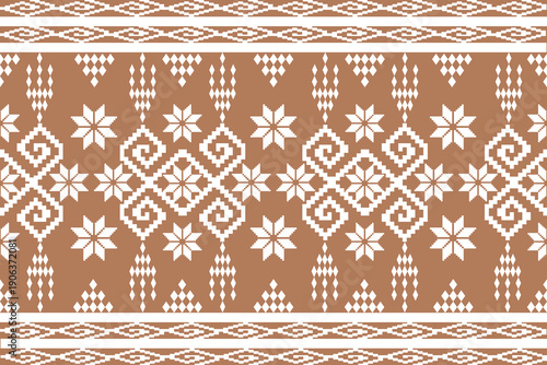 This design is an orange-brown background fabric or textile with white geometric motif.