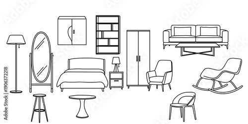 Minimalist furniture line art illustration set featuring wooden bed, chairs, mirror table, cabinet, stool, and lamp for interior design projects.