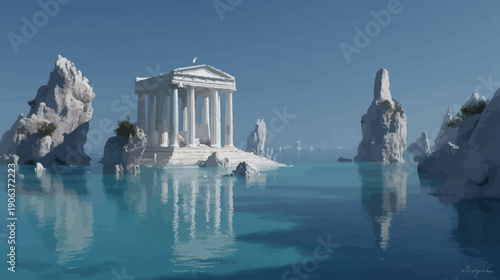 Ancient temple on serene water amidst cliffs under bright sunlight