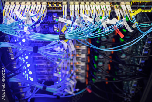 Dense fiber optic network cables glowing in blue light inside modern data center rack, showing high speed connectivity, secure backbone, and critical infrastructure