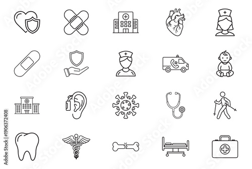 Health insurance web icons line art icon set. Hospital, ambulance, syringe, stethoscope, caduceus, diagnostic, safety, doctor, collection. Vector illustration. 