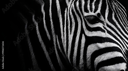 Close up of a zebras face in black and white with striking stripes.