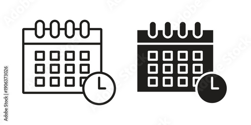 Calendar clock icons vector. Line and glyph design with editable stroke