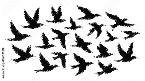 A flock of silhouetted birds flying in a dynamic pattern high quality modern elegant vector illustration for nature design use