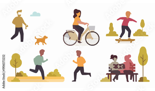 Summer park outdoor activity people flat vector set