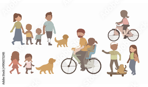 Cute family summer outdoor activity cartoon vector set
