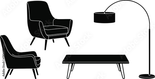 furniture arrangement featuring chairs table and arc lamp high quality modern elegant stylish vector illustration for interior design projects