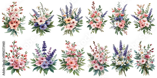 Watercolor floral illustration set featuring roses, peonies, lavender, cherry blossom bouquets and greenery frames for elegant wedding invitations and greeting cards.