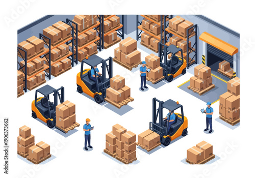 Warehouse Operations with Forklifts and Workers Managing Inventory