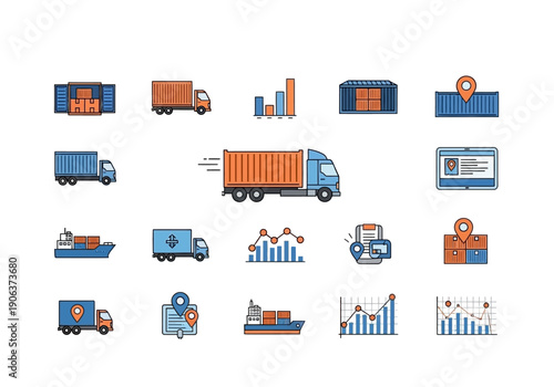 Logistics and transportation icons collection featuring trucks and cargo ships in various graphical representations