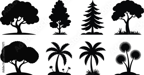 tree silhouettes depicting various tree types in high quality modern elegant stylish vector set for design