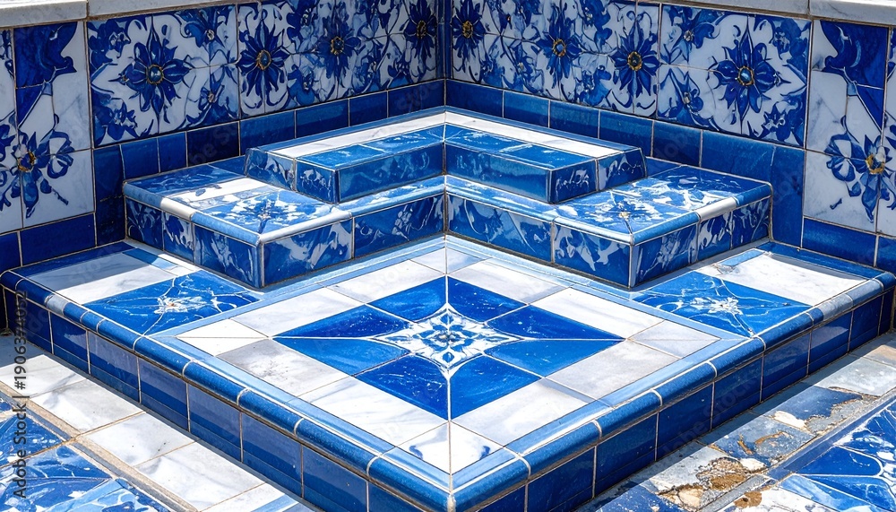 Fototapeta premium Traditional Moroccan Blue Patterned Ceramic Tile Stairs