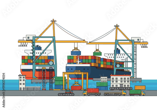 Cargo ship being loaded at a busy dock with cranes and containers