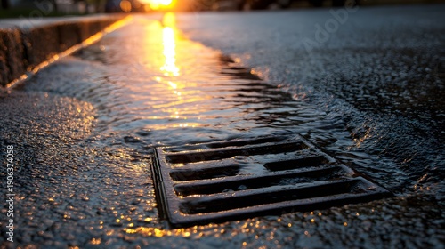 Rainwater flowing into a storm drain on a street at sunset.