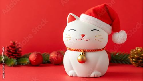 White money cat figure wearing Christmas hat and bell on red background with holiday decorations and ornaments